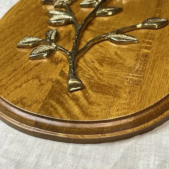 Vintage Brass Rose Floral Wall Art on Light Wood Oval Plaque Mid Century Style - Picture 5 of 7